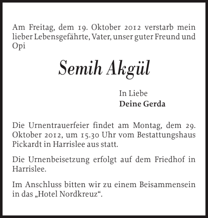  Traueranzeige für Semih Akgül vom 25.10.2012 aus Flensburger Tageblatt