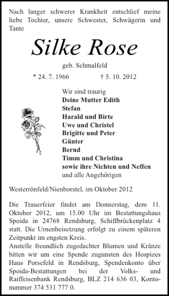  Traueranzeige für Silke Rose vom 09.10.2012 aus Landeszeitung