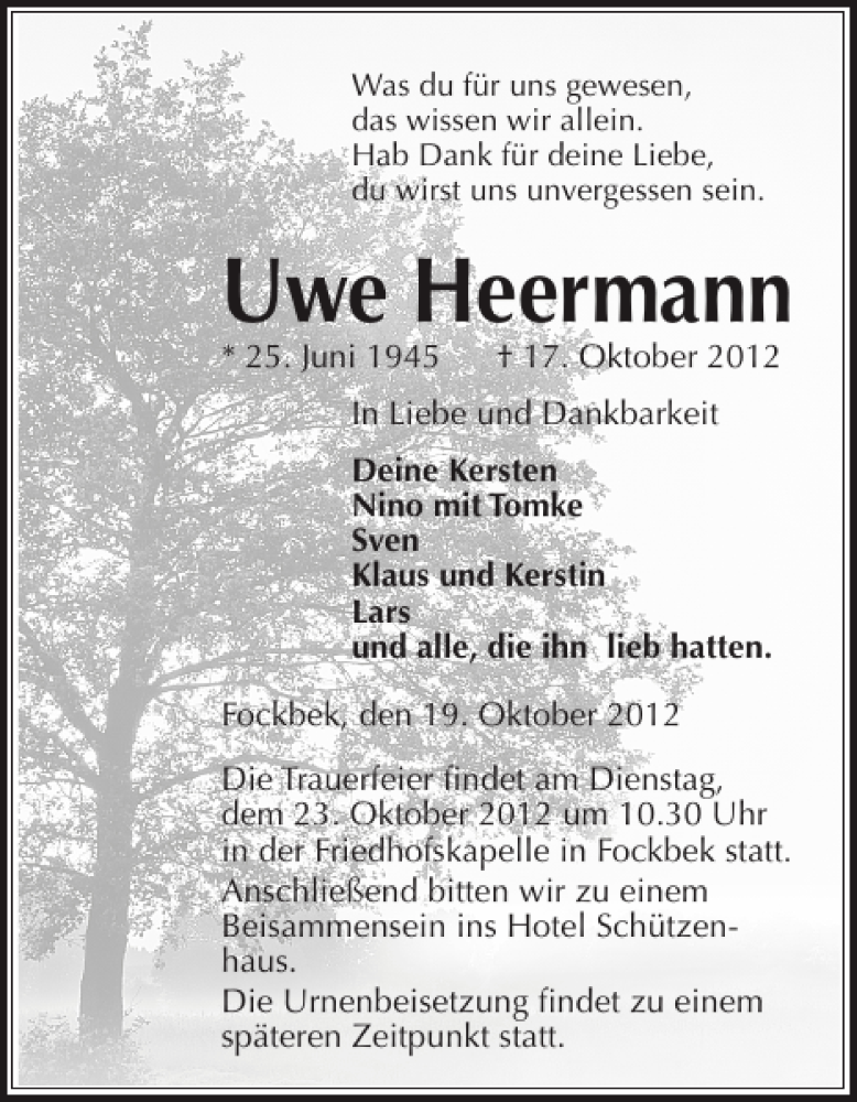  Traueranzeige für Uwe Heermann vom 19.10.2012 aus Landeszeitung