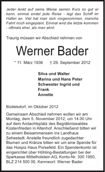 Traueranzeige von Werner Bader von Landeszeitung