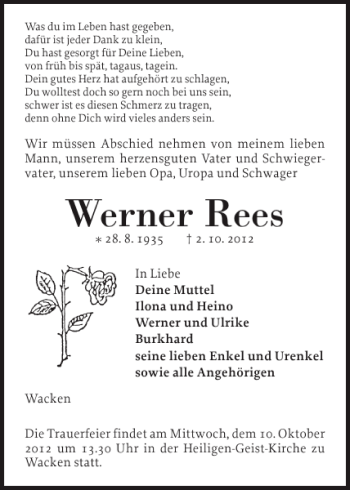 Traueranzeige von Werner Rees von Norddeutsche Rundschau