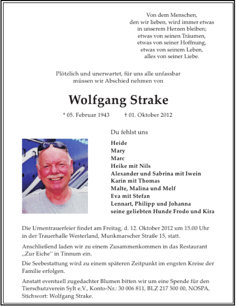  Traueranzeige für Wolfgang Strake vom 06.10.2012 aus Sylter Rundschau