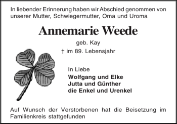Traueranzeige von Annemarie Weede von Holsteinischer Courier