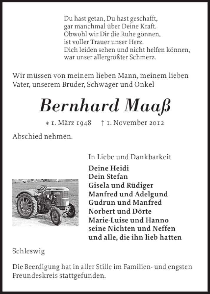  Traueranzeige für Bernhard Maaß vom 10.11.2012 aus Schleswiger Nachrichten