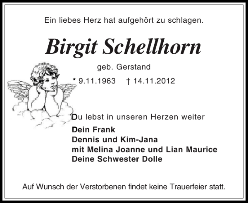  Traueranzeige für Birgit Schellhorn vom 16.11.2012 aus Holsteinischer Courier