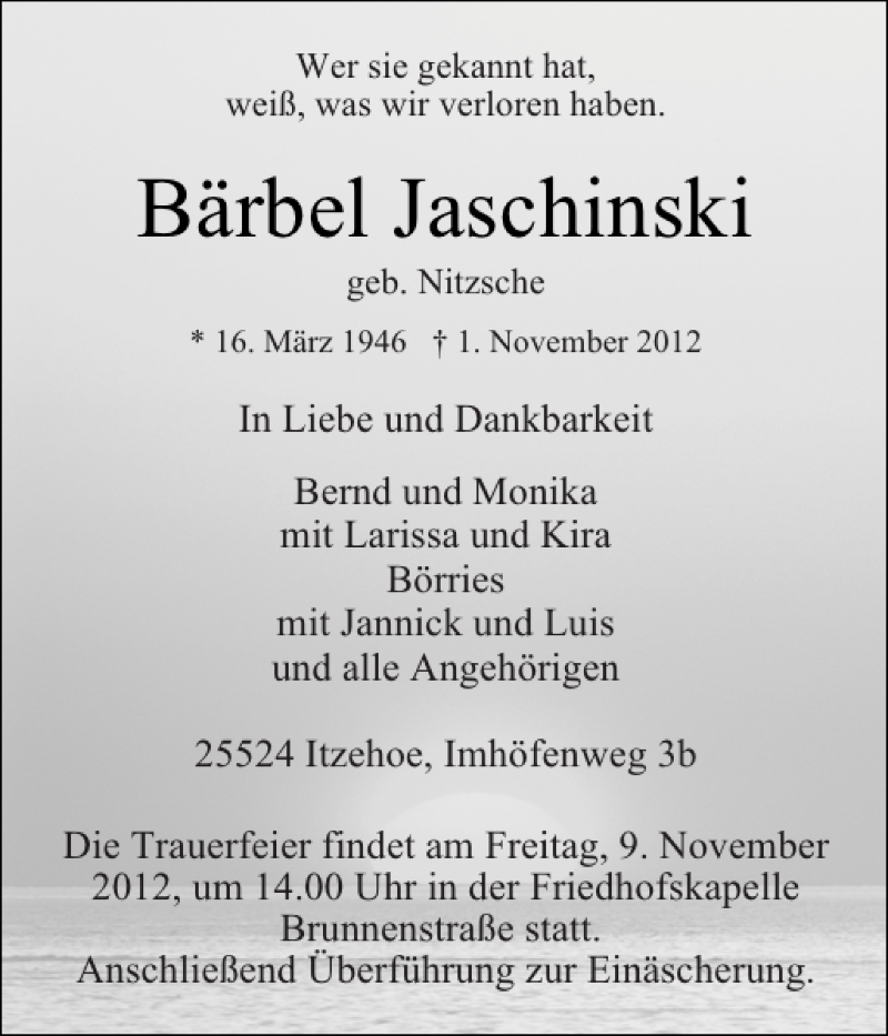  Traueranzeige für Bärbel Jaschinski vom 03.11.2012 aus Norddeutsche Rundschau