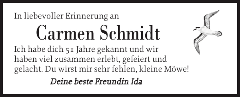  Traueranzeige für Carmen Schmidt vom 09.11.2012 aus Sylter Rundschau