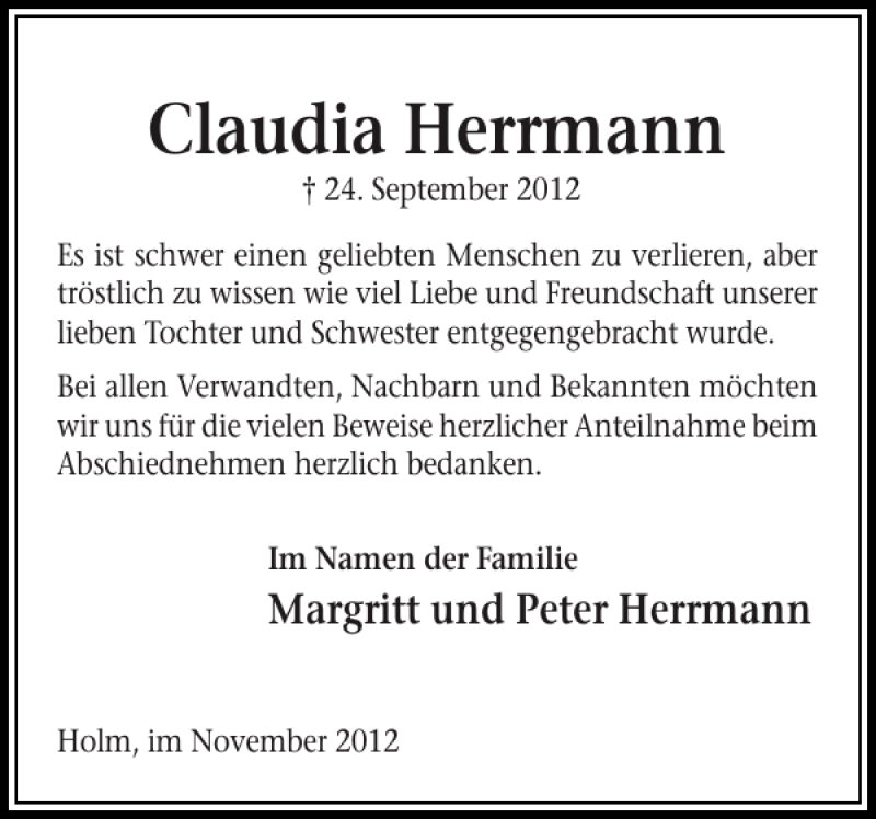  Traueranzeige für Claudia Herrmann vom 03.11.2012 aus Pinneberger Tageblatt