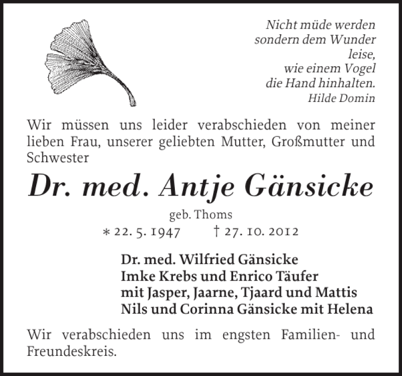  Traueranzeige für Dr. med. Antje Gänsicke vom 03.11.2012 aus Eckernförder Zeitung