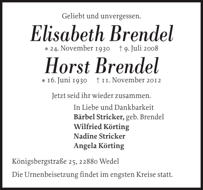  Traueranzeige für Elisabeth Brendel Horst Brendel vom 17.11.2012 aus Pinneberger Tageblatt