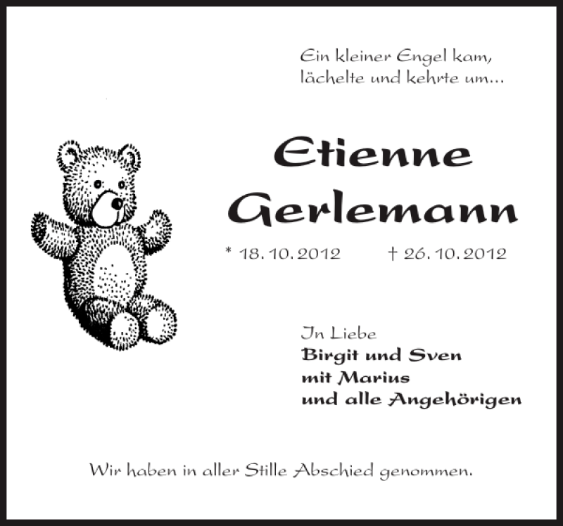  Traueranzeige für Etienne Gerlemann vom 03.11.2012 aus Holsteinischer Courier
