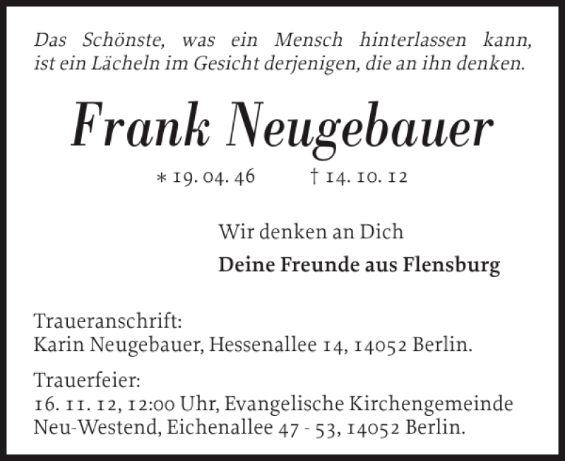  Traueranzeige für Frank Neugebauer vom 10.11.2012 aus Flensburger Tageblatt