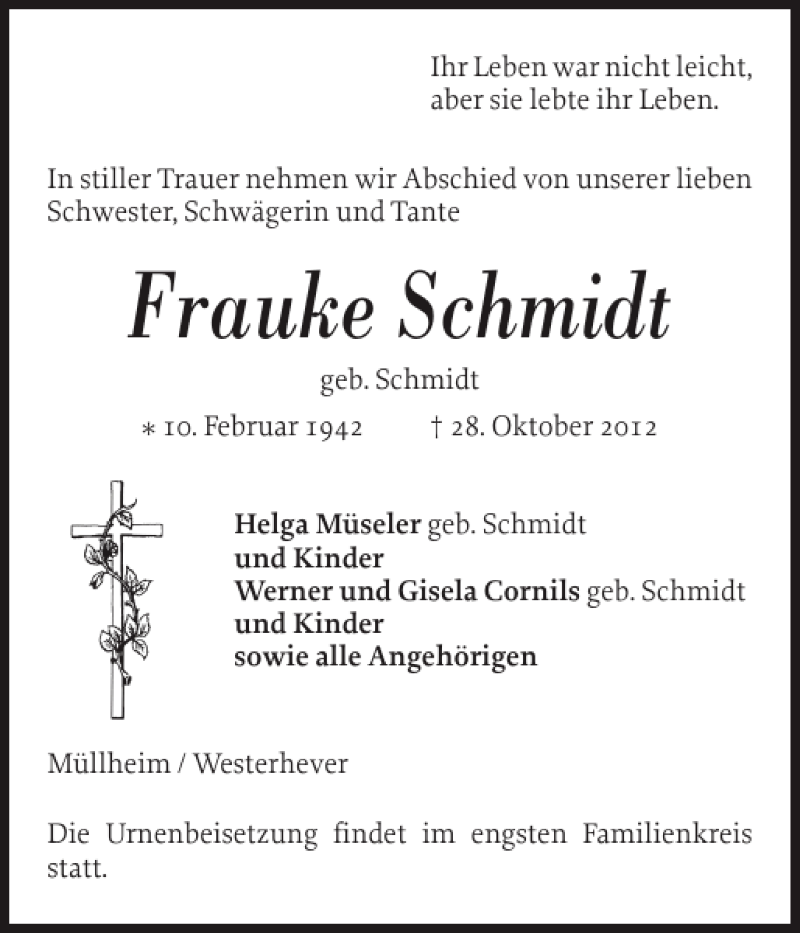  Traueranzeige für Frauke Schmidt vom 03.11.2012 aus Husumer Nachrichten