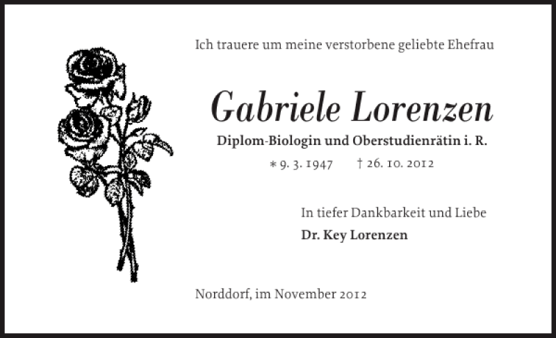  Traueranzeige für Gabriele Lorenzen vom 02.11.2012 aus Der Insel-Bote
