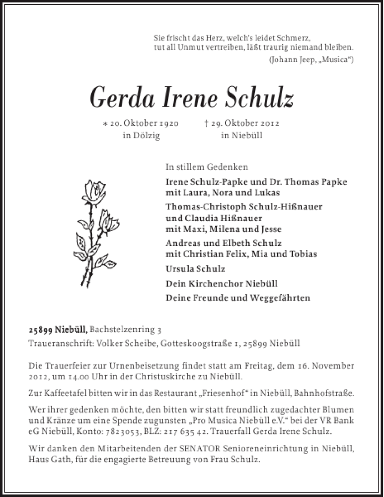  Traueranzeige für Gerda Irene Schulz vom 03.11.2012 aus Nordfriesland Tageblatt