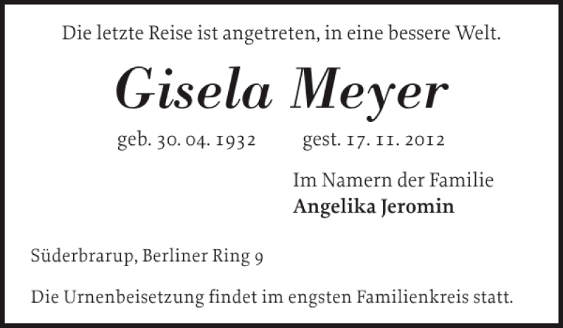  Traueranzeige für Gisela Meyer vom 21.11.2012 aus Schlei-Bote