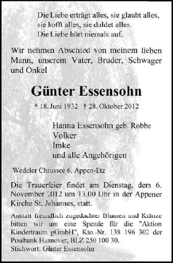 Traueranzeige von Günter Essensohn von Pinneberger Tageblatt