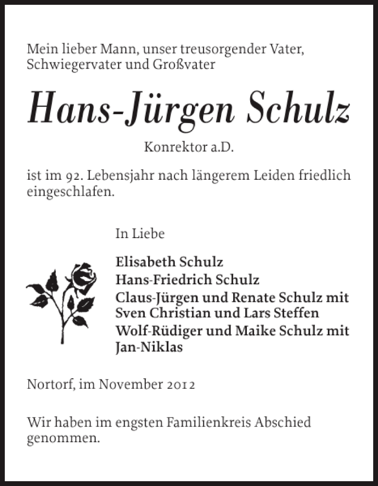  Traueranzeige für Hans-Jürgen Schulz vom 30.11.2012 aus Landeszeitung