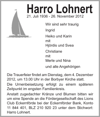 Traueranzeige von Harro Lohnert von Eckernförder Zeitung