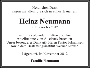 Traueranzeige von Heinz Neumann von Norddeutsche Rundschau
