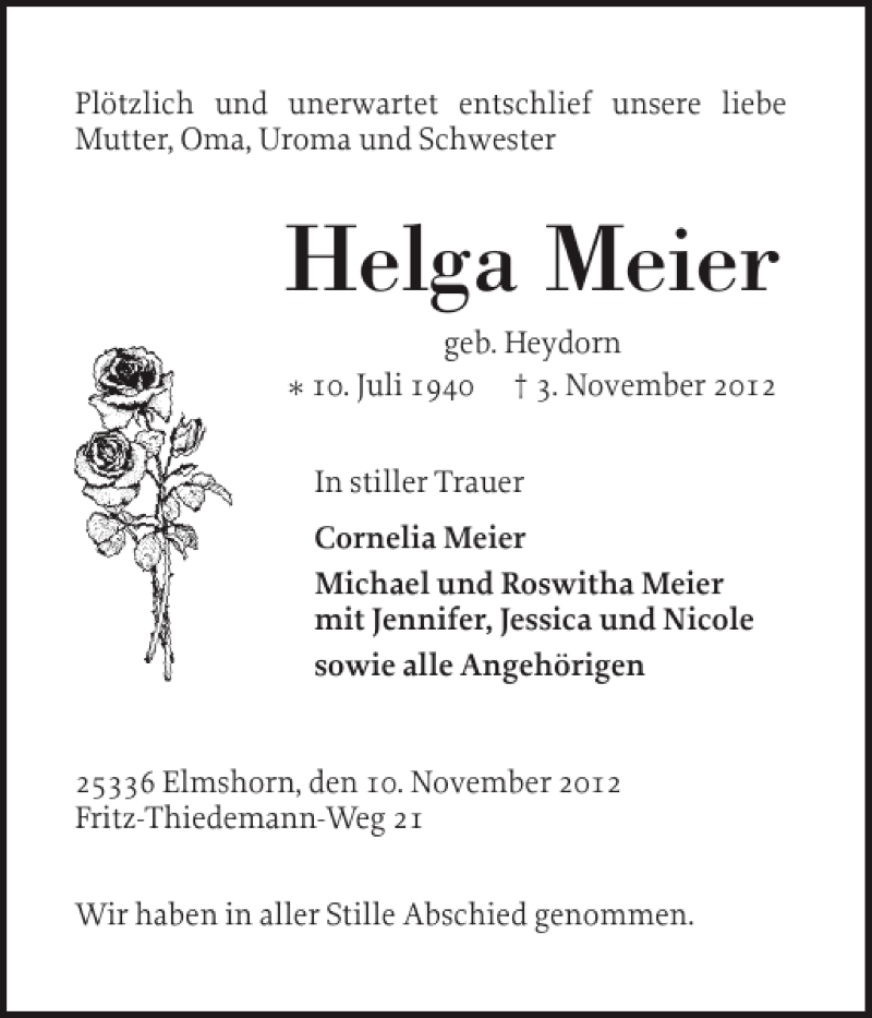  Traueranzeige für Helga Meier vom 10.11.2012 aus Elmshorner Nachrichten