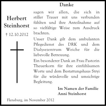 Traueranzeige von Herbert Steinhorst von Flensburger Tageblatt