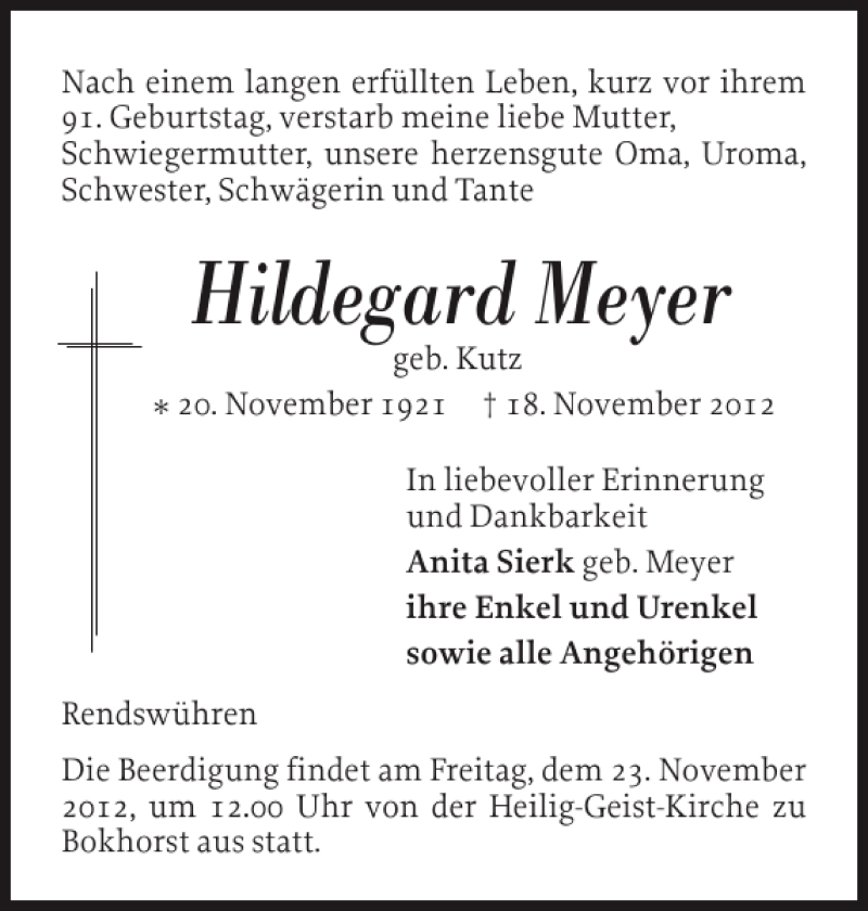  Traueranzeige für Hildegard Meyer vom 20.11.2012 aus Holsteinischer Courier