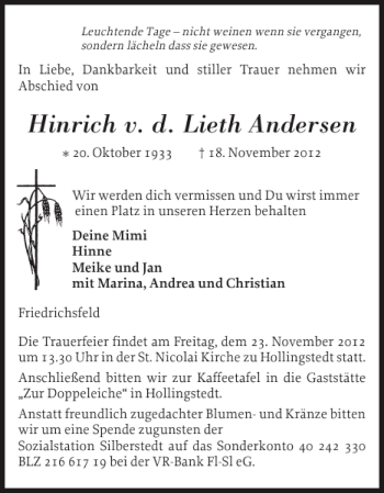 Traueranzeige von Hinrich v. d. Lieth Andersen von Flensburger Tageblatt