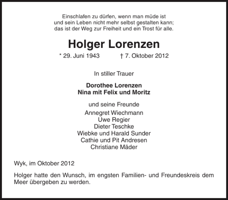  Traueranzeige für Holger Lorenzen vom 15.11.2012 aus Nordfriesland Tageblatt