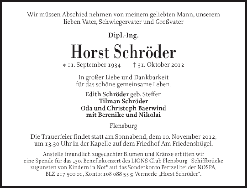  Traueranzeige für Horst Schröder vom 06.11.2012 aus Flensburger Tageblatt