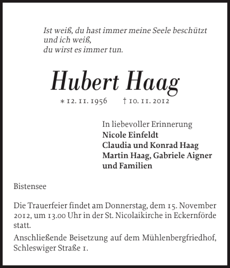  Traueranzeige für Hubert Haag vom 13.11.2012 aus Eckernförder Zeitung