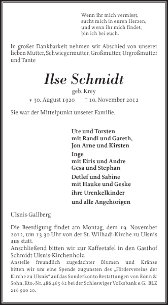  Traueranzeige für Ilse Schmidt vom 14.11.2012 aus Schleswiger Nachrichten