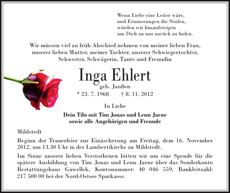  Traueranzeige für Inga Ehlert vom 13.11.2012 aus Husumer Nachrichten