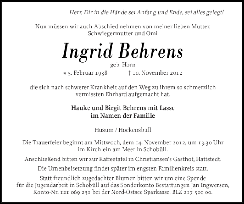  Traueranzeige für Ingrid Behrens vom 12.11.2012 aus Husumer Nachrichten