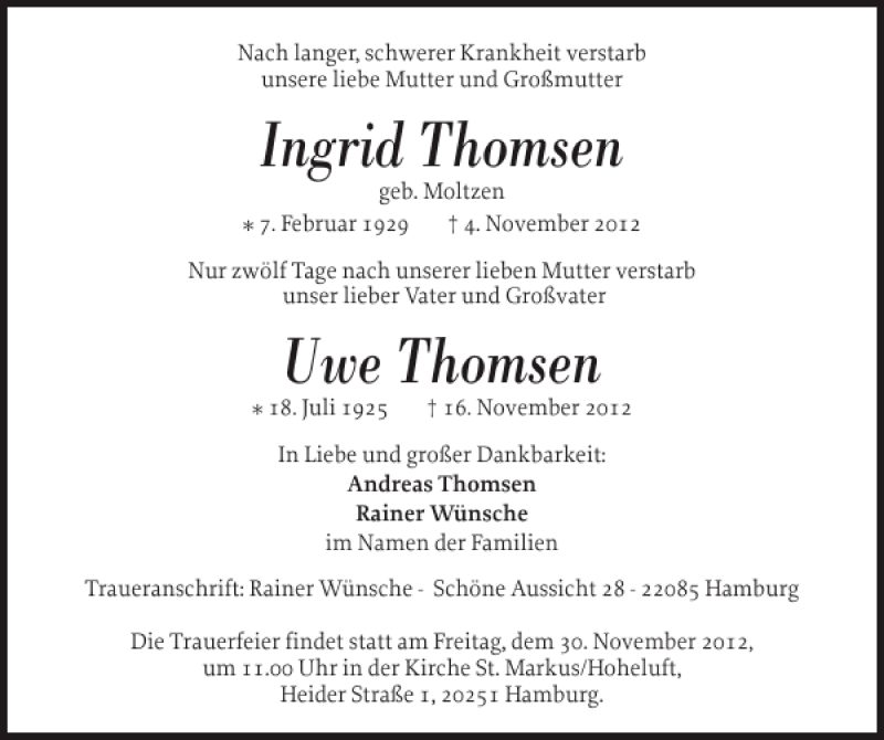  Traueranzeige für Ingrid Thomsen Uwe Thomsen vom 24.11.2012 aus Flensburger Tageblatt