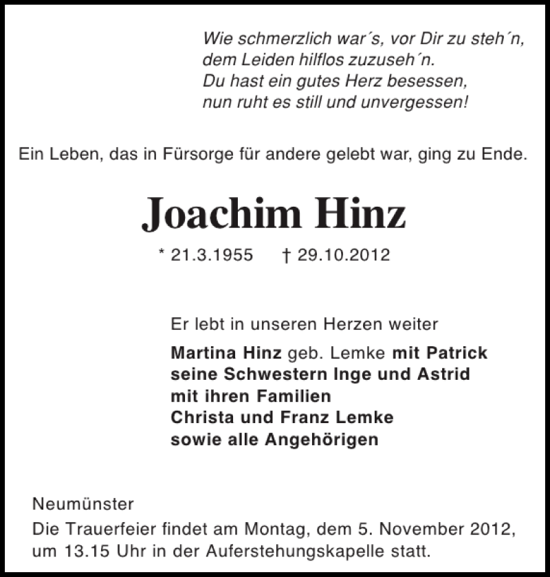  Traueranzeige für Joachim Hinz vom 02.11.2012 aus Holsteinischer Courier