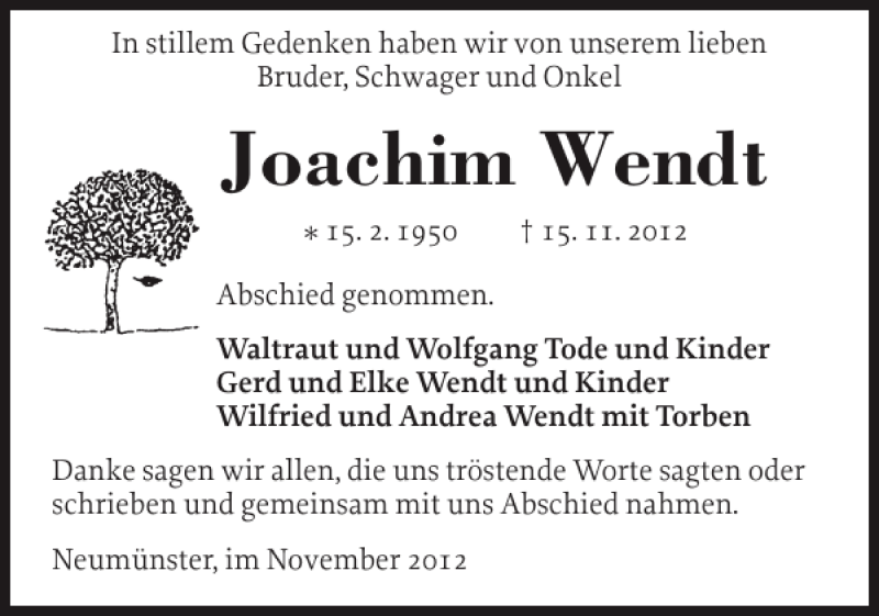  Traueranzeige für Joachim Wendt vom 24.11.2012 aus Holsteinischer Courier