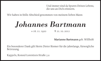 Traueranzeige von Johannes Bartmann von Schlei-Bote