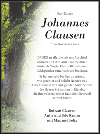 Traueranzeige von Johannes Clausen von Eckernförder Zeitung