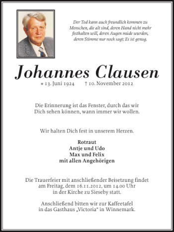 Traueranzeige von Johannes Clausen von Eckernförder Zeitung
