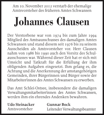 Traueranzeige von Johannes Clausen von Eckernförder Zeitung
