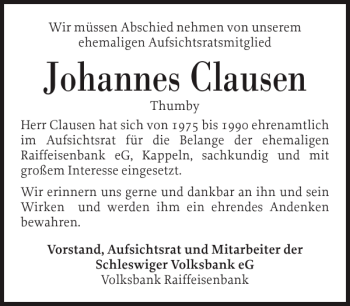 Traueranzeige von Johannes Clausen von Eckernförder Zeitung