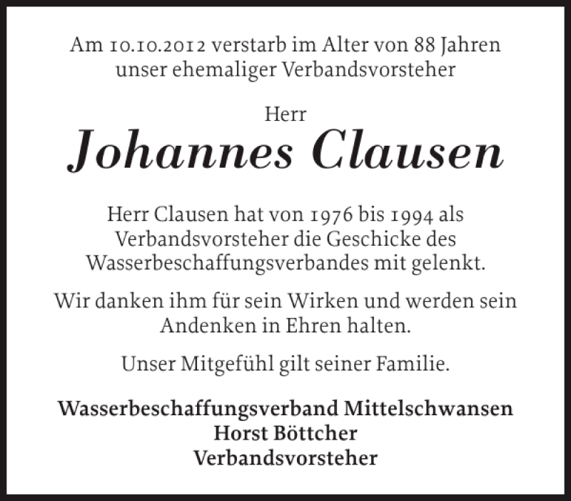  Traueranzeige für Johannes Clausen vom 14.11.2012 aus Eckernförder Zeitung