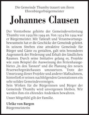 Traueranzeige von Johannes Clausen von Eckernförder Zeitung