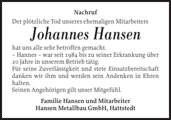 Traueranzeige von Johannes Hansen von Husumer Nachrichten
