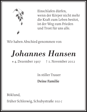 Traueranzeige von Johannes Hansen von Schleswiger Nachrichten