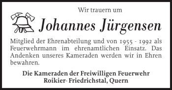 Traueranzeige von Johannes Jürgensen von Flensburger Tageblatt