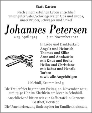Traueranzeige von Johannes Petersen von Husumer Nachrichten