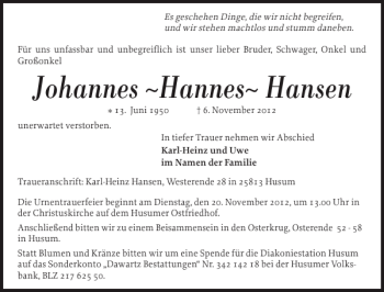 Traueranzeige von Johannes Hannes Hansen von Husumer Nachrichten