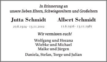 Traueranzeige von Jutta Schmidt Albert Schmidt von Holsteinischer Courier
